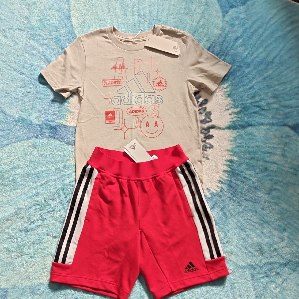 Adidas Graphic Tee and Red Shorts Set